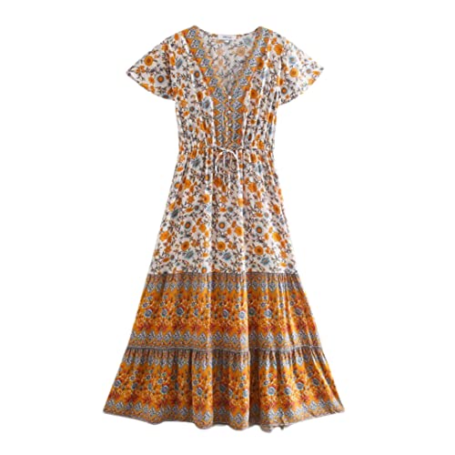 Robe maxi plissée col en V à motif floral bohème taille M