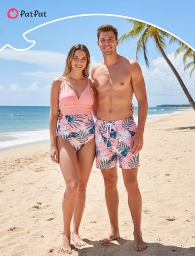 Image of PATPAT Mommy and Me Matching Swimsuit：One Piece V Neck Bathing Suits Leaves Printed Family Swimwear Matching Set