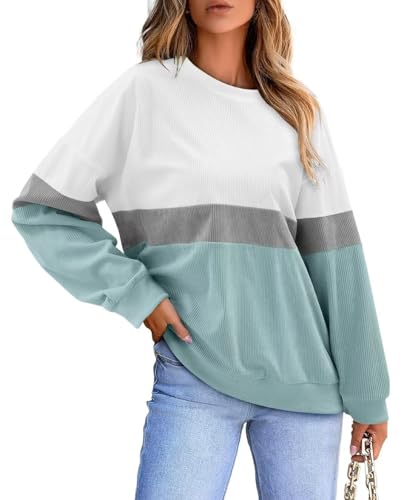 KISSMODA Womens Casual Long Sleeve Sweatshirts Color Block/Solid Tops Corduroy Crewneck Tunic Pullover with Pockets