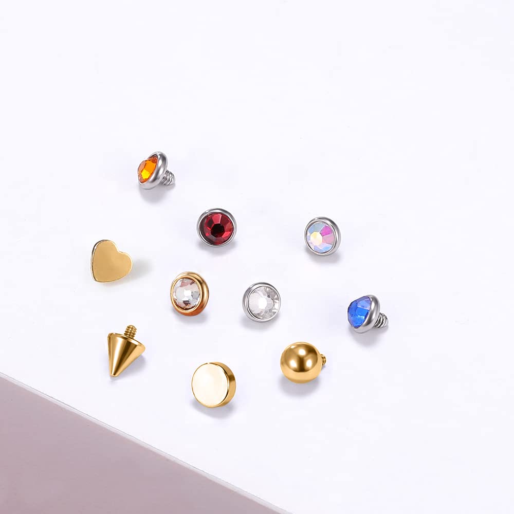 PunkTracker Piercing dermico in acciaio chirurgico 316L con opale reale e zirconi cubici dermici, filettatura interna