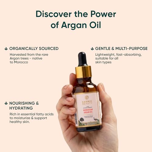 Image of Karmic Beauty 100% Pure Moroccan Argan Oil | Pure, Natural, Cold Pressed & Organic | USDA Certified | Lightweight, Non-Greasy & Luxurious Oil | Ideal for all Hair, Face, Skin & Body Types | 50 ml