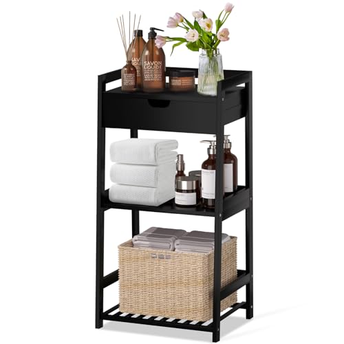 POXAKA 3 Tier Bamboo Bathroom Shelves with Drawer, Ladder Shelf for Bathroom Storage, Space-Saving Design, Stylish Display Nightstand, Stylish Storage Solution for Home, Living Room, Kitchen, Office - image 1