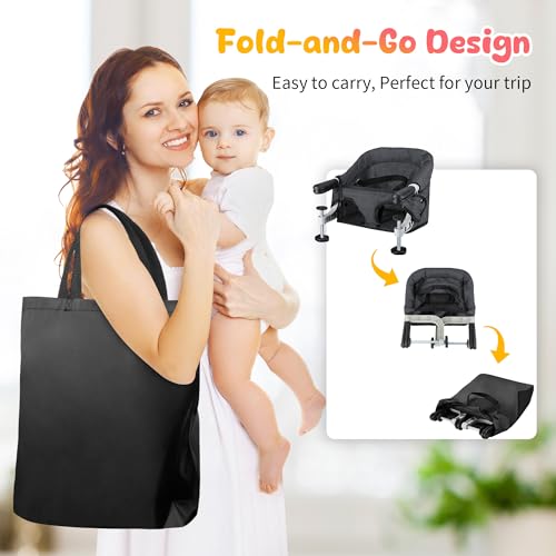 Image of Hook On High Chair for Babies 6-36 Months | Secure & Portable Foldable Travel High Chair | Clip On Baby Feeding Seat with Non-Slip Aluminum Clamp, Detachable Washable Cover & Carry Bag (Black)