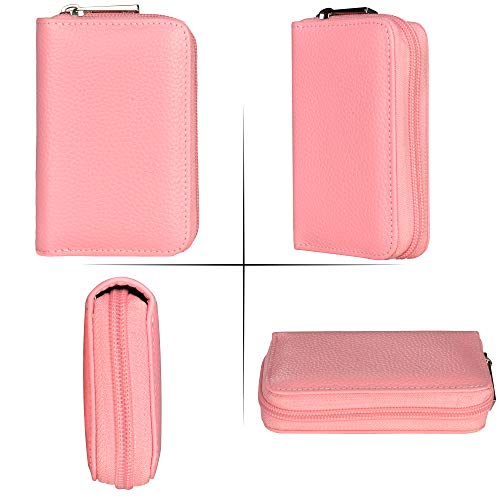 Image of Easyoulife Genuine Leather Credit Card Holder Zipper Wallet With 26 Card Slots (Pink)