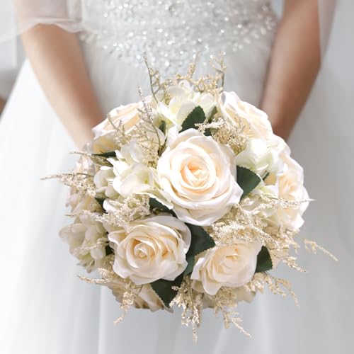 Bouquets de mariage pour la mariée, bouquets de mariée blanches de 9,1 pouces pour la mariée, bouquet de rose artificiel, bouquet de fleurs avec ruban de soie pour cérémonie de la Saint-Valentin