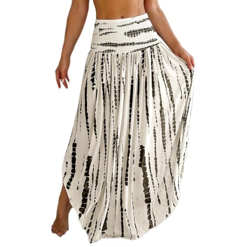 Women Plus Size Elastic High Waist Smocked Printing Irregular Split Vacation Midi Skirts