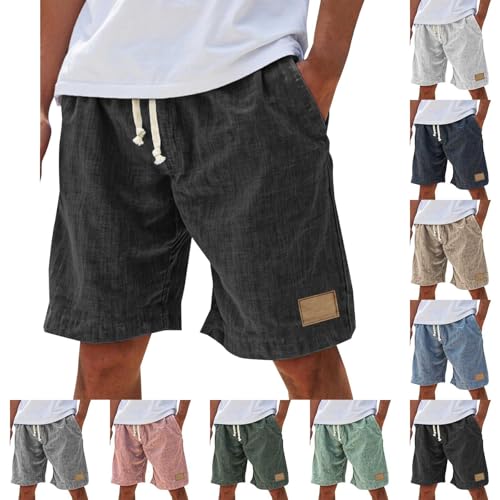 Men Linen Shorts Casual Summer Elastic Waist Drawstring Cargo Pants Solid Color Straight Beach Pants Pockets Black Medium