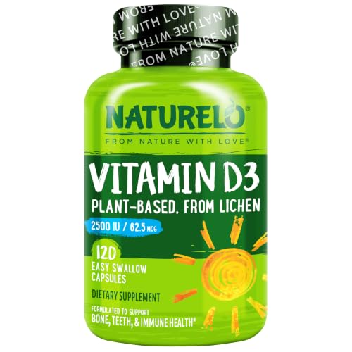NATURELO Vitamin D - 2500 IU - Plant Based from Lichen - Natural D3 Supplement for Immune System, Bone Support, Joint Health - Vegan - Non-GMO - Gluten Free - 120 Capsules
