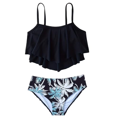 Girls Two-Piece Swimsuit Set Tiered Ruffle Bikini Top and Tree Print Bottoms Summer Beachwear 7-14 Years