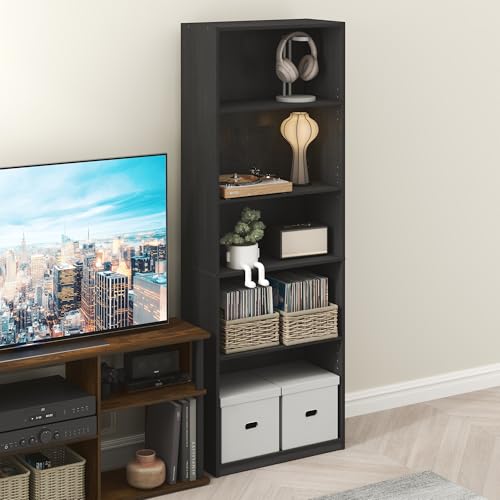 Image of Furinno GEHRY DVD Shelf, 5-Tier CD Rack, Media Shelf with Adjustable Shelves, DVD Storage Cabinets for CD Bluray Game Disc, Easy Assembly, for Living Room, Home Office, Blackwood