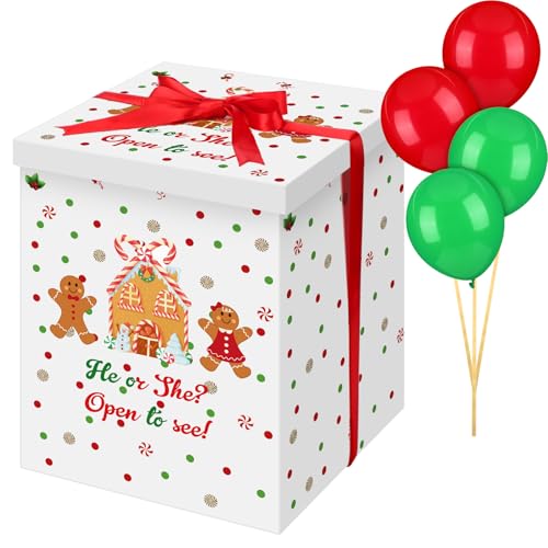 Hungdao Gender Reveal Balloon Box with Ribbon and 10 Pink and Blue Balloons Gender Reveal Games He or She Open to See for Party Decoration 12 x12 x16 (Gingerbread)