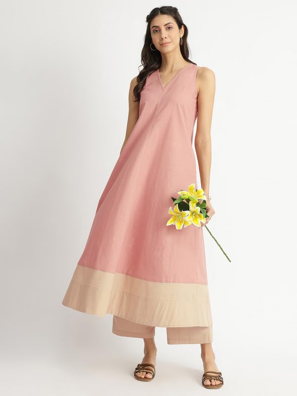 Image of Pink Fort Women Casual Linen Blend Colourblock A-Line Kurta Set | V-neck Sleeveless Kurta Ankle Length Flared Fit Pants for Easygoing Summer | Peach & Beige