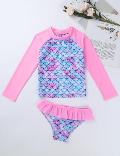 Kids Girls 2PCS Swimsuit Tankini Long Sleeves Mermaid Swimwear Rashguard Bathing Suit UPF 50+3