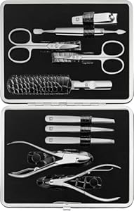 ZWILLING Maniküre-Set (10 teilig, Komplettset für Finger- und Fußnägel, Echtleder Etui mit Metallrahmen), Edelstahl Poliert, Kroko Edition, Schwarz
