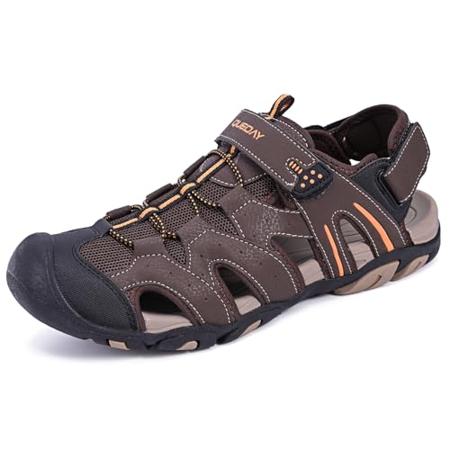 Image of Queday Mens Closed Toe Outdoor Hiking Sandals | Plantar Fasciitis, Thick EVA Cushion Midsole, 3 Adjustable Straps, Non-slip rubber outsole for daily walking recovery