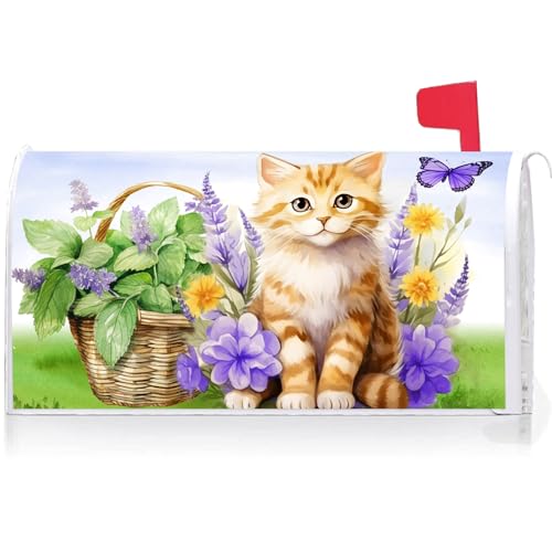 Image of Texupday Cute Cat Kitty Flower Butterfly Decoration Mailbox Cover with Magnetic Strip Spring Summer Floral Mailbox Wraps Post Letter Box Cover Standard Size 21 inch X 18 inch for Garden Outdoor Yard Decor