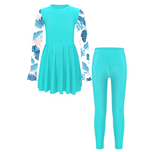 Kids Girls Floral 2 Pcs Modest Swimsuit Long Sleeve Swimdress with Leggings Burkini Sets
