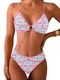 Tainehs Women's Two Piece Bikini Sets O Ring Front Top Ditsy Floral Triangle Swimsuits Cheeky Bathing Suit