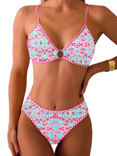 Tainehs Women's Two Piece Bikini Sets O Ring Front Top Ditsy Floral Triangle Swimsuits Cheeky Bathing Suit