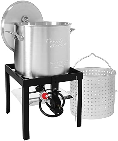 Creole Feast SBK1001 Seafood Boiling Kit with Strainer, Outdoor Aluminum Propane Gas Boiler with 10 PSI Regulator, Silver