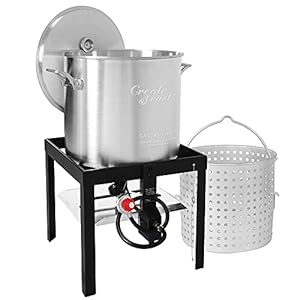 Creole feast sbk1001 100 qt seafood boiling kit with strainer outdoor seafood boil pot and basket with 100000 btus propane burner and 10 psi regulator black silver  urban country home decor