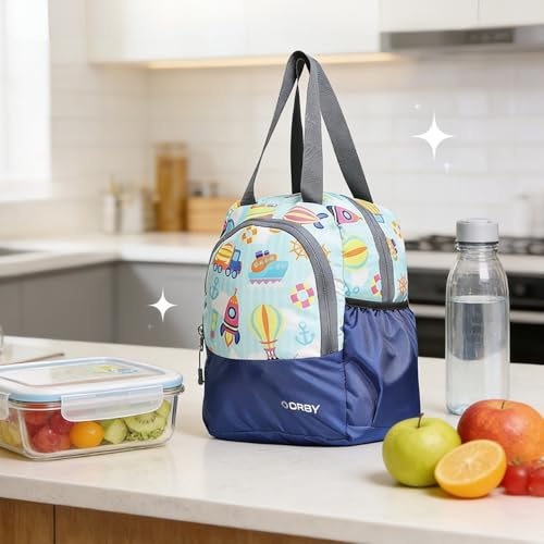 Image of ORBY Lunch Bag Car Balloon Blue | Water-Repellent Durable Fabric | Tiffin Bag with Bottle Holder & Front Pocket | Strong Zipper & Spacious Meal Storage (Car and Balloon Pattern, Blue)