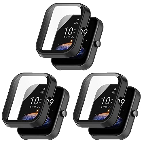 FitTurn Compatible with Amazfit Bip 3 Pro Screen Protector Cases Replacement PC Slim Case Cover 3D Full Coverage Tempered Glass Screen Protector for Bip 3/Bip 3 Pro Watch (Black)