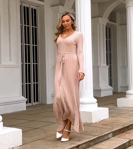 Image of Women's Long Knit Crewneck Sweater Dress Tie Waist A-Line Swing Pleated Bodycon