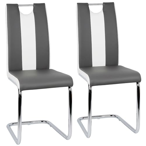Juego de 2 sillas de comedor o cocina con asiento acolchado y base cromada, PU+ galvanización, gris oscuro y blanco, 2 unidades