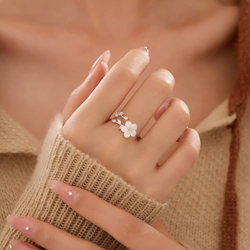 925 Sterling Silver Dainty Flower Ring for Women 14k Gold Plated Sparkling White Cubic Zirconia Leaf Ring for Mother Daughter Elegant Wedding Statement Jewelry Open Wrap Finger Band Christmas Gift3
