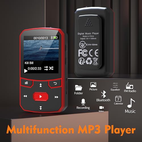 Image of RUIZU 64GB Clip MP3 Player with Bluetooth 5.3, Portable Music Player with Voice Recorder for Sports Running, FM Radio, A-B Repeat, Audio Shuffle Resume Playback, Support 128GB Micro SD Card, Red