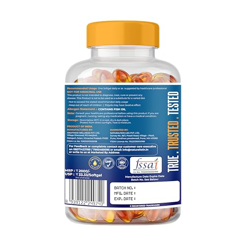 Image of NATURALTEIN Ultimate Omega-3 plus Fish Oil 1250mg Triple Strength Softgel Capsules with vitamin D3 and E | 450mg EPA & 300mg DHA in Triglyceride Form for Better Absorption | Heart, Brain, Eye & Joint Support | Glyphosate-Free | 60 Softgel Capsules | 60-Day Supply