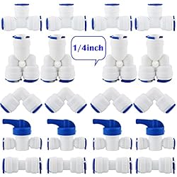Codo Antiretorno Para Osmosis Inversa CESFONJER 1/4´´ Conector, Ósmosis Inversa Válvula De Cierre En Línea, RO Osmosis Inversa Sistema de Filtro Paquete de 20 (Y + T + I + L Combo + Válvula de Cierre)