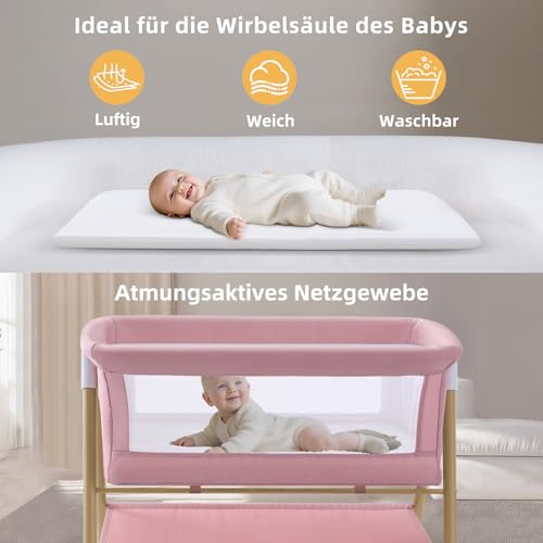 Beistellbett Baby, Tragbar kinderbett mit Matratze für Baby Bett mit Rollen, Kinderreisebett Moskitonetz Aufbewahrung für Säugling Neugeborenes Leichtes und atmungsaktives Maschen-Design Rosa