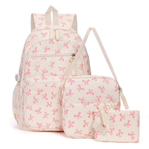 Bow Backpack for Women Kawaii Coquette Nylon Backpack 3Pcs Set Cute College Laptop Rucksack Fashion Travel Daypack (White Pink)