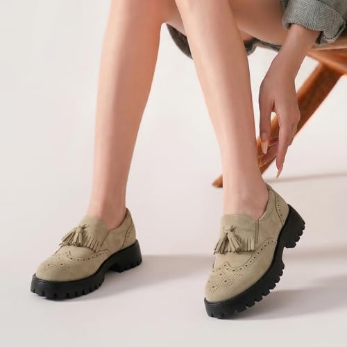 Image of BEAU TODAY Chunky Loafers for Women, Women's Leather Platform Loafers, Lug Sole Tassel Slip On Loafers Shoes Brogues Wingtip Casual Business Shoes Comfortable Dressy