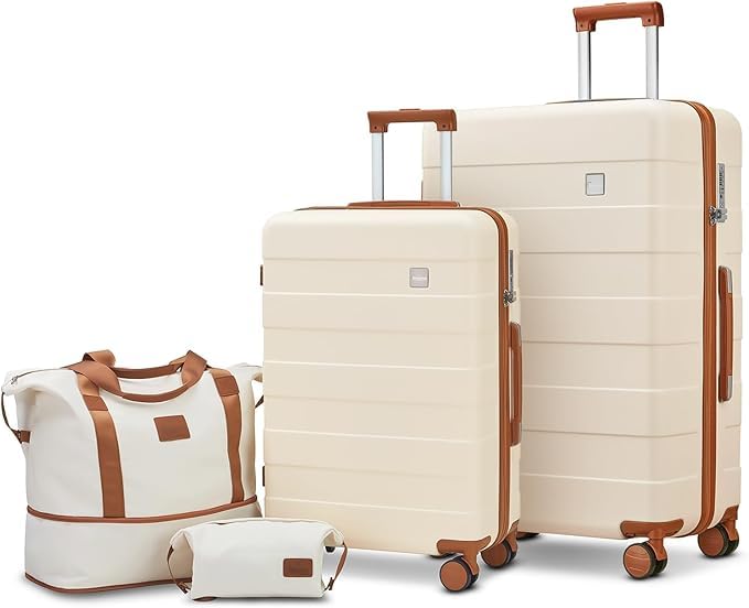 imiomoLuggage Sets 2 Piece Check and Large,Hardside Suitcase with Spinner Wheels, Lightweight Rolling Travel Luggage with TSA Lock (White, 4PCS)