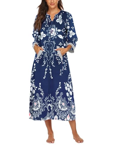 Image of Ekouaer Women Zipper Robe 3 /4 Sleeves Loungewear Dress Full Length Sleepwear Pockets Housecoat Nightgown Long Bathrobe