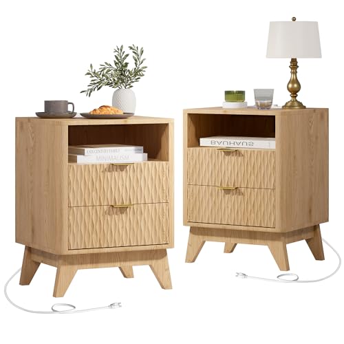 Cooday Fluted Nightstand with Charging Station, 18' Modern End Table with Storage Drawers, Bedside Table for Bedroom, Natural Oak(2 Piece)