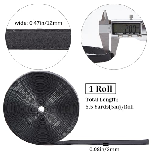 GORGECRAFT 5M Long Double Sided Leather Strips 12mm Wide Black Imitation Leather Strap 2mm Thick Flat Cord Hand-stitched Edge PU Threads Strings for DIY Crafts Handle Wrap Belt Jewelry Making - Image 2