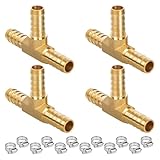 KAINGA 1/4' Hose Tee Barb, Brass Hose Barb Fittings, 3 Way Union Intersection Adapter for Air, Water, Fuel Systems, Includes 6 Stainless Steel Clamps, Leak-Resistant, 2-Pack