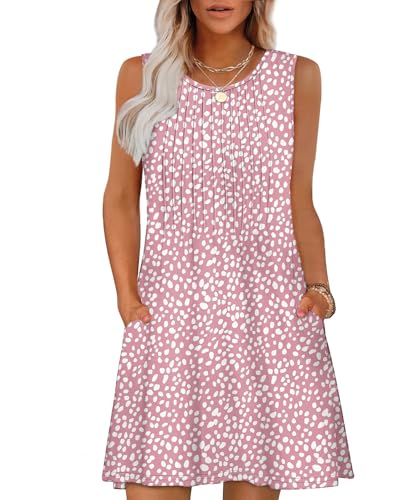 Summer Dresses for Women 2025 Casual Womens Dresses Beach Vacation Clothes Fahion Pleated Flowy Sundresses Swing Resort Wear Cruise Outfits Pink Leopard L