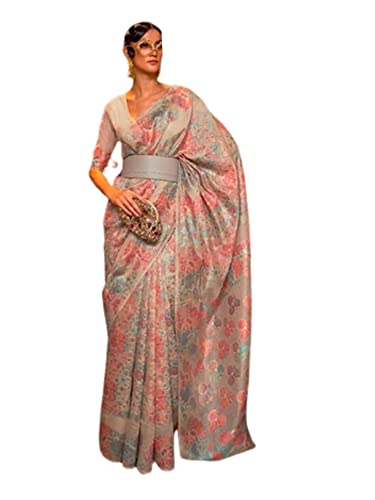 Sari kashmiri en soie beige de 6.3m avec blouse pour cérémonie de mariage