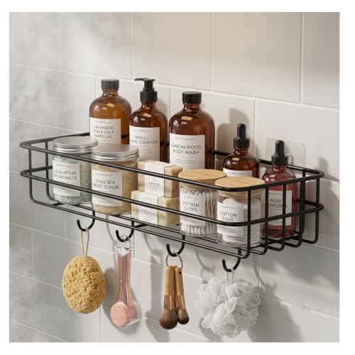 Image of Bindian Self-Adhesive Bathroom Shelf with Hooks, Pack of 2 | No-Drill Wall Mounted Shower Caddy Organizer | Rustproof Bathroom Storage Rack for Shampoo, Soap & Toiletries | Space Saving Adhesive Shelf
