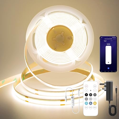 FUIQI COB LED Strip Light 5M,24V Dimmable Dotless LED Strip with App and Remote dimmable,Natura White 4000K,8mm Wide,CRI90,cutable Strip Lights with Power Supply for Bedroom,Kitchen,cabinets