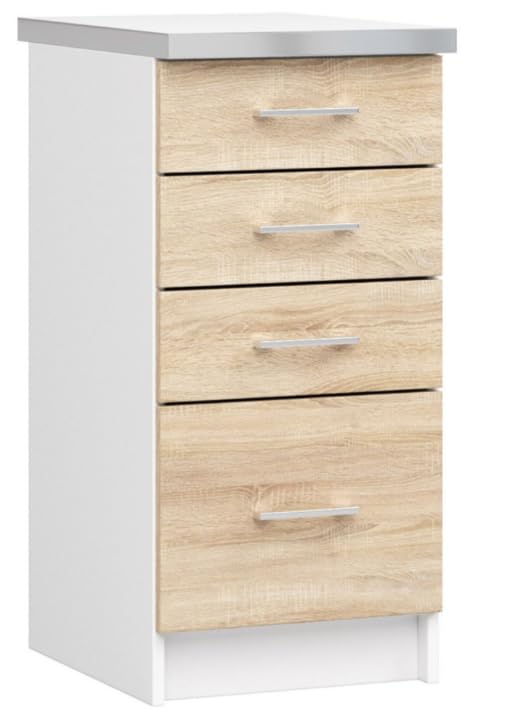 BDW - Küchenschrank Weiß/Sonoma - Schrank Küche mit Arbeitsplatte und Schubladen - Schrank 40 cm breit, 85 cm hoch - Küchenschränke Einzeln, Küchenmöbel Einzelteile