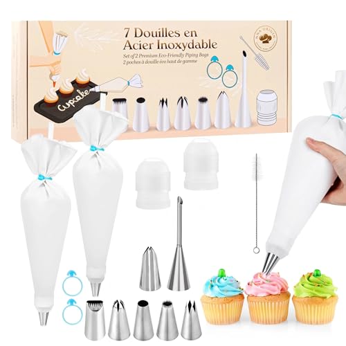 Nna Origin - Lot de 2 Poches à Douille Premium Écolo - 7 Douilles en Inox - Poche à Douille en Coton 40 cm Réutilisable - Qualité Professionnelle Résistante en Tissu facilement Lavable Pour la Pâtisserie