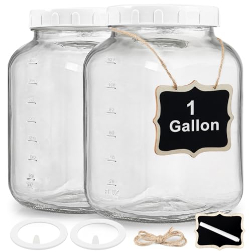 Image of 2 Pack Wide Mouth 1 Gallon Clear Glass Jar with Lid, Heavy Duty Airtight Screw Lid with Silicone Gasket - Large Mason Jar with 2 Scale Mark for Fermenting Kombucha and Storing Food(Extra 2 Gaskets)