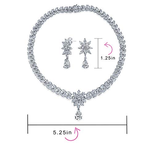 Art Deco Style Vintage Style Marquise Leaf Starburst Cubic Zirconia Aaa Cz Statement Collar V Necklace & Chandelier Dangle Earrings Bridal Jewelry Set For Women Wedding Prom Pageant Silver Plated #TOP5