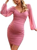 OYOANGLE Women's Maternity Ruched Sweetheart Neck Lantern Long Sleeve Wrap Dress Elegant Bodycon Mini Dresses Dusty Pink Medium